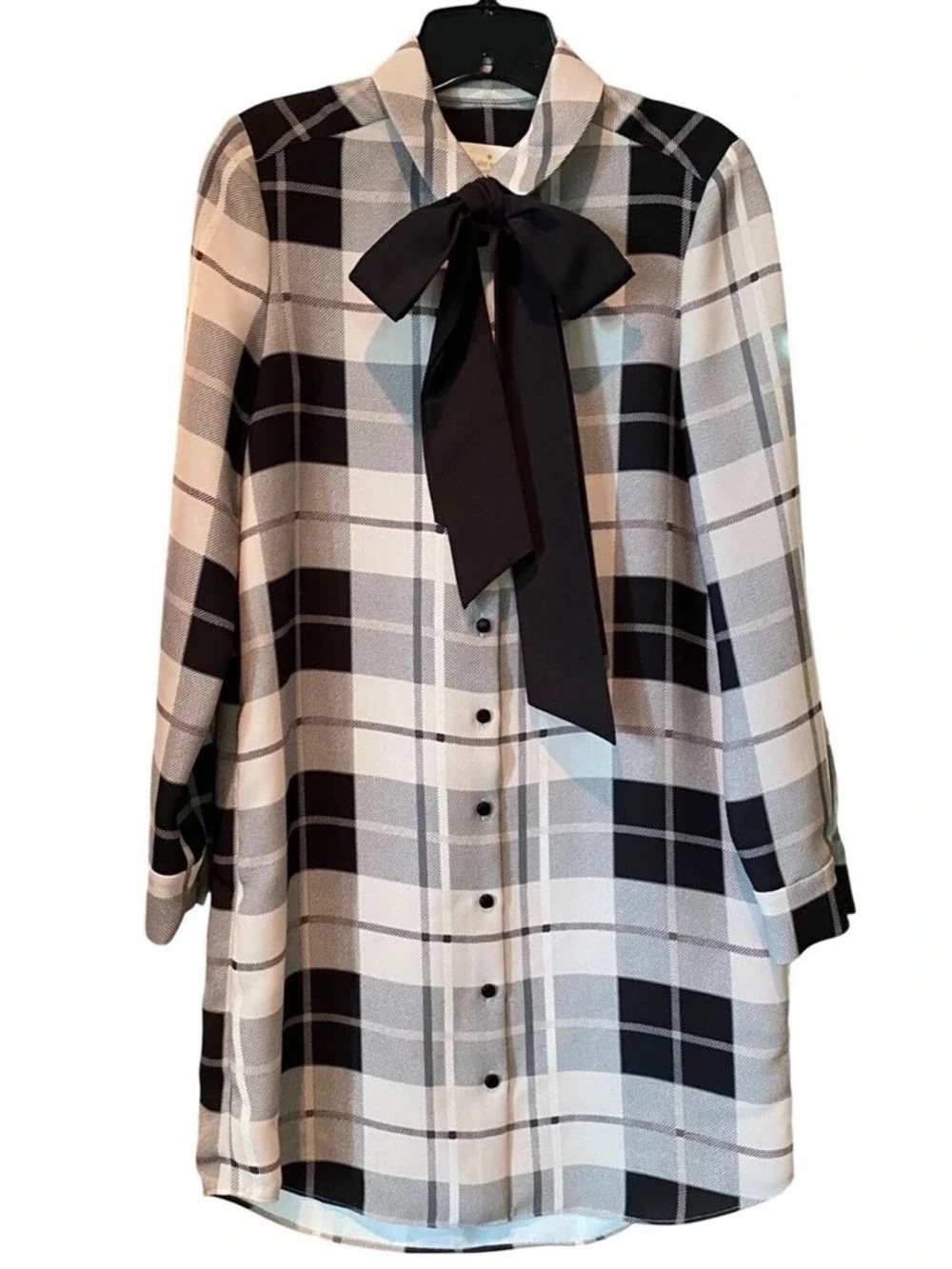 Black & White Plaid Bow-Front Shirt Dress